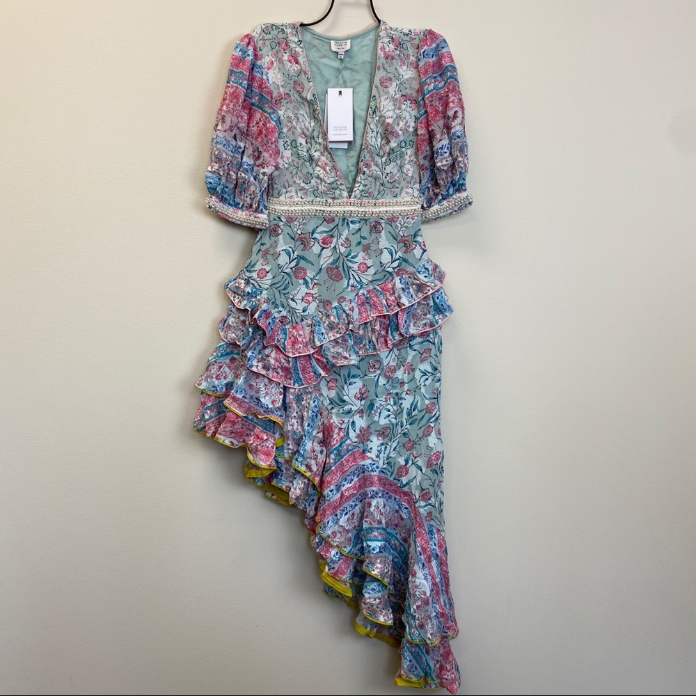 Hemant and Nandita Floral Ruffled Asymmetric Midi Dress in White, Pink, Blue - Picture 6 of 14